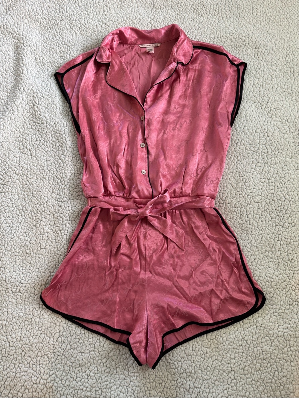 Victoria's Secret Pink Satin Short Sleeve Romper with Black Trim